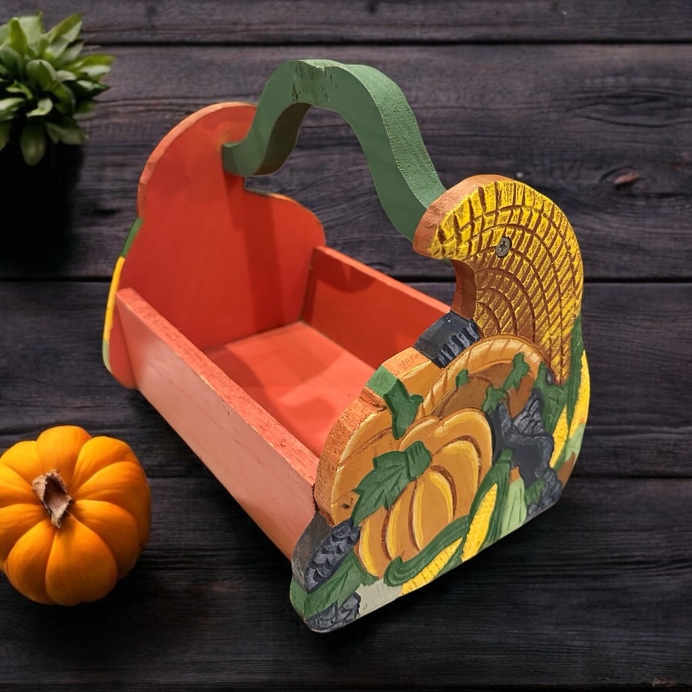 Rare Hand Crafted Multi Color Wooden "Harvest Season" Vegetable Carrier - Picture 1 of 10